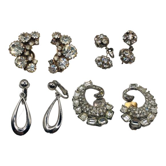 Lot Of 4 Costume Earrings Chunky Glass Rhinestones Clip Screw Back Paisley - Picture 2 of 16